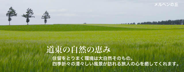 道東の自然の恵み
住留をとりまく環境は大自然そのもの。
四季折々の清々しい風景が訪れる旅人の心を癒してくれます。
写真：メルヘンの丘